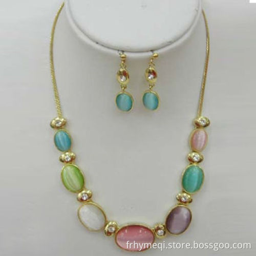 Fashion cat eye necklace and earring with 18K gold plating